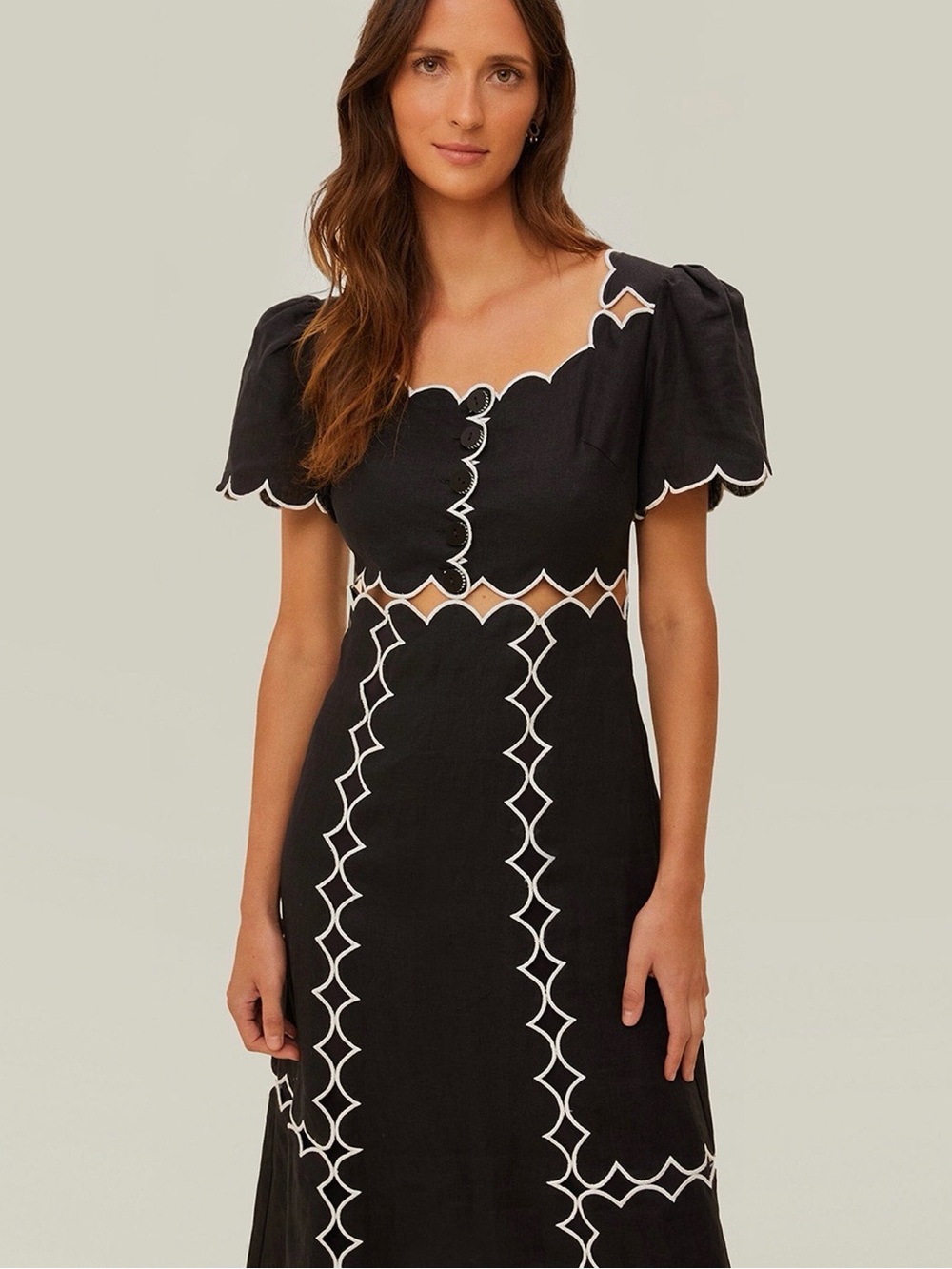 FARM Rio Black Midi Linen Dress with White Scallop Trim - Picture 7 of 15